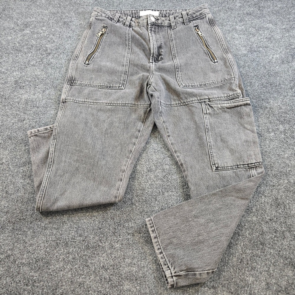 Topshop High Waisted Cargo Utility Mom Jeans 30x28 Washed Grey Denim Zip Pockets